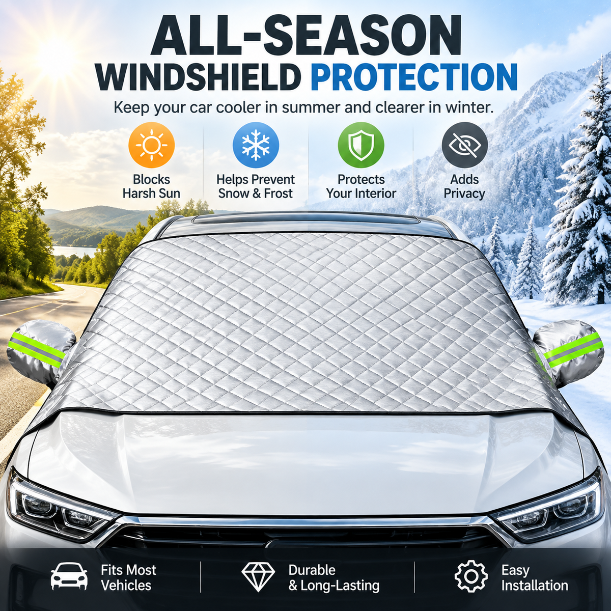 ๐ Magnetic Windshield Cover โ All-Season Sun, Snow & Frost Protector for Cars, SUVs & Trucks