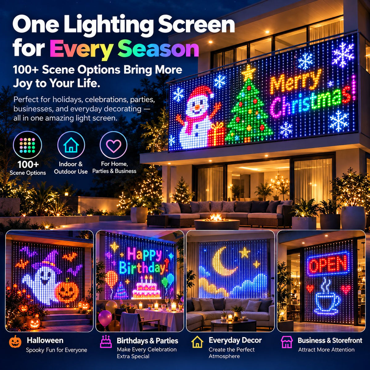 Femliving LED curtain lighting designs for multiple celebrations