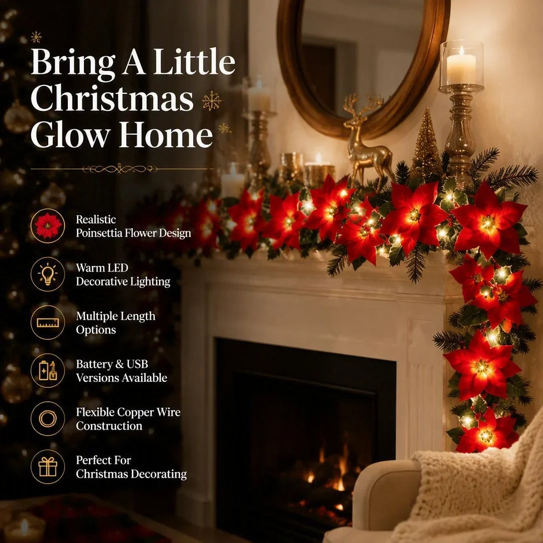 🎄 Christmas Poinsettia Garland Lights – Bring Warmth & Holiday Joy Home