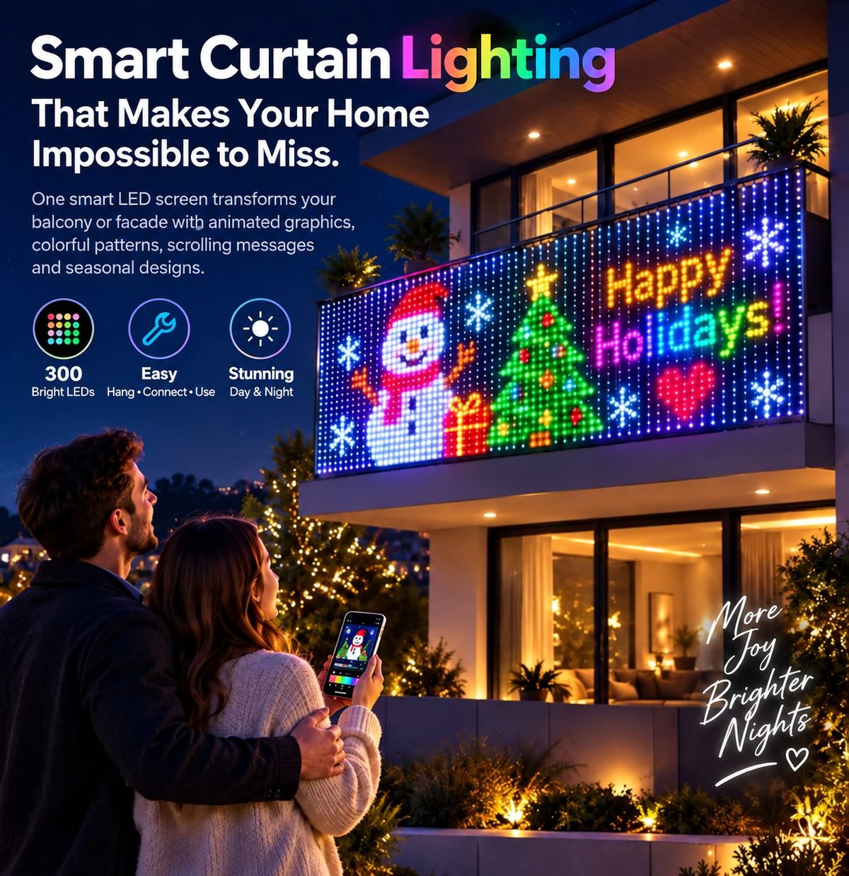 Femliving 300 LED smart outdoor curtain light shown on a balcony