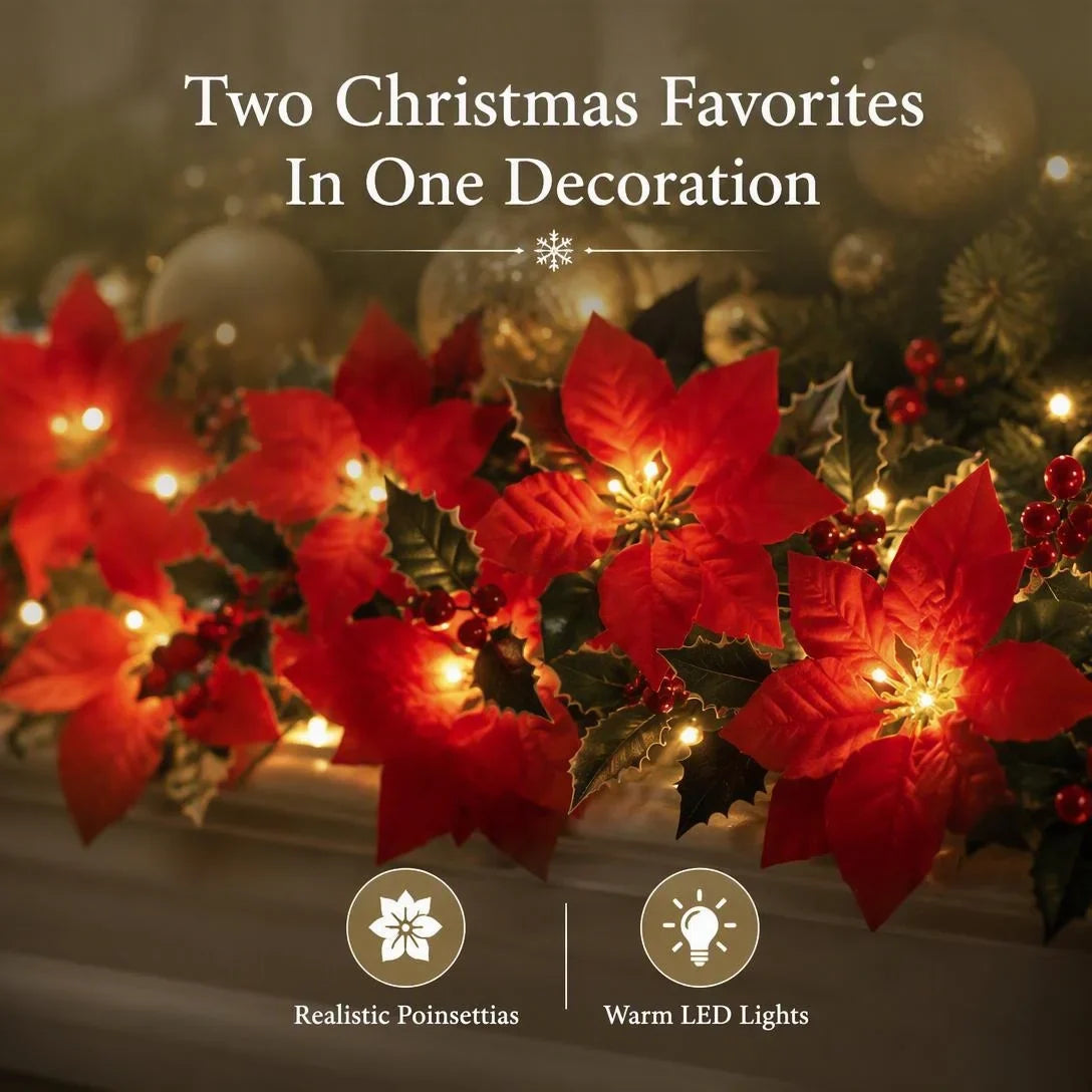 🎄 Christmas Poinsettia Garland Lights – Bring Warmth & Holiday Joy Home