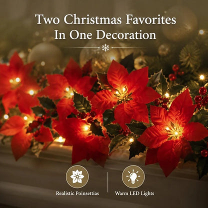 🎄 Christmas Poinsettia Garland Lights – Bring Warmth & Holiday Joy Home