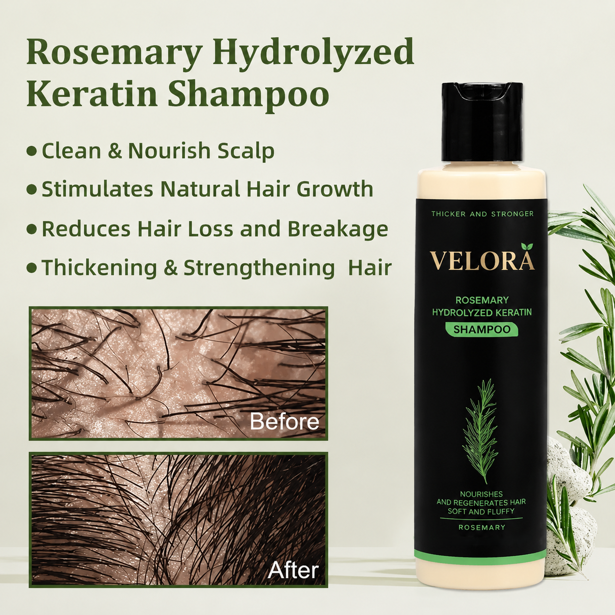 VELORA Rosemary Shampoo, Stimulate Regrowth for Thick Voluminous Hair