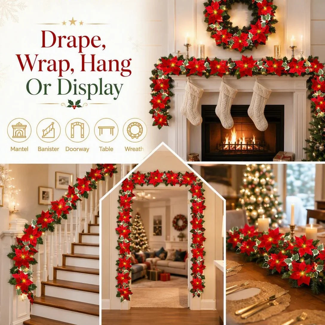 🎄 Christmas Poinsettia Garland Lights – Bring Warmth & Holiday Joy Home