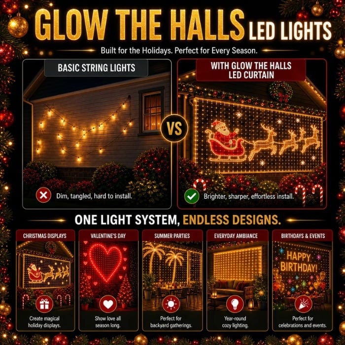 Decorating with conventional string lights compared with a smart LED display