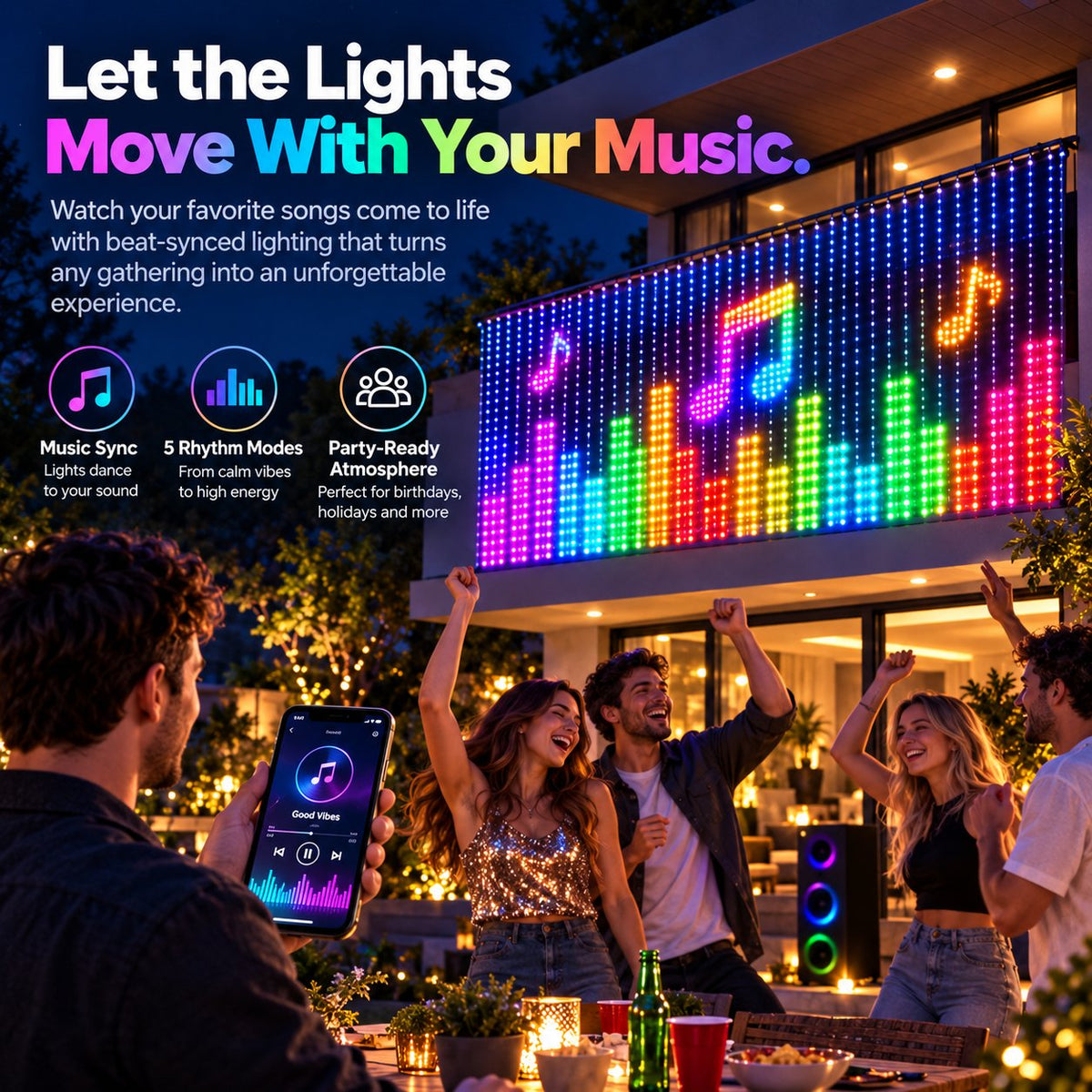 Femliving smart LED curtain sound reactive lighting modes