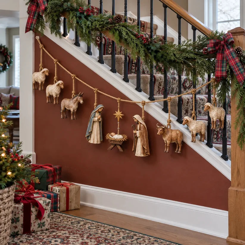 🎄 Handcrafted Wooden Nativity Garland – Rustic Christmas Decor