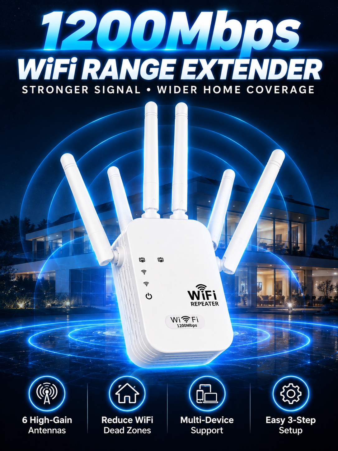 1200Mbps WiFi Range Extender with 6 High-Gain Antennas – Whole Home Signal Booster