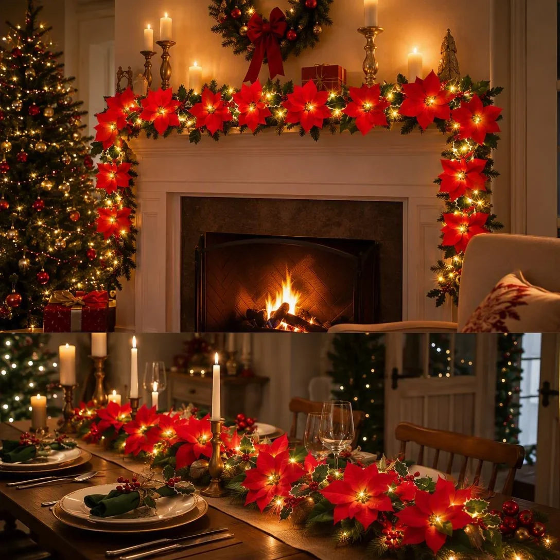 🎄 Christmas Poinsettia Garland Lights – Bring Warmth & Holiday Joy Home