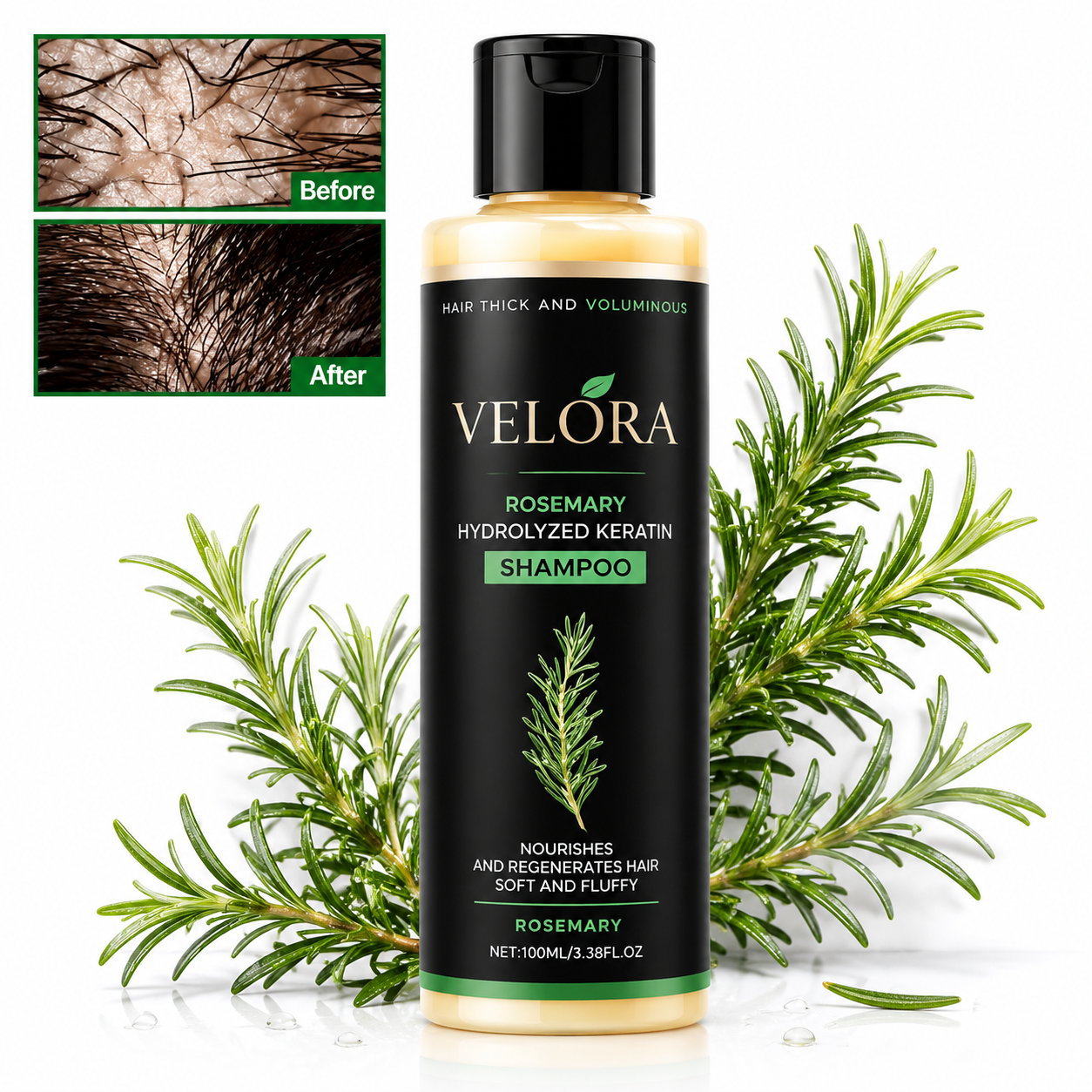 VELORA Rosemary Shampoo, Stimulate Regrowth for Thick Voluminous Hair