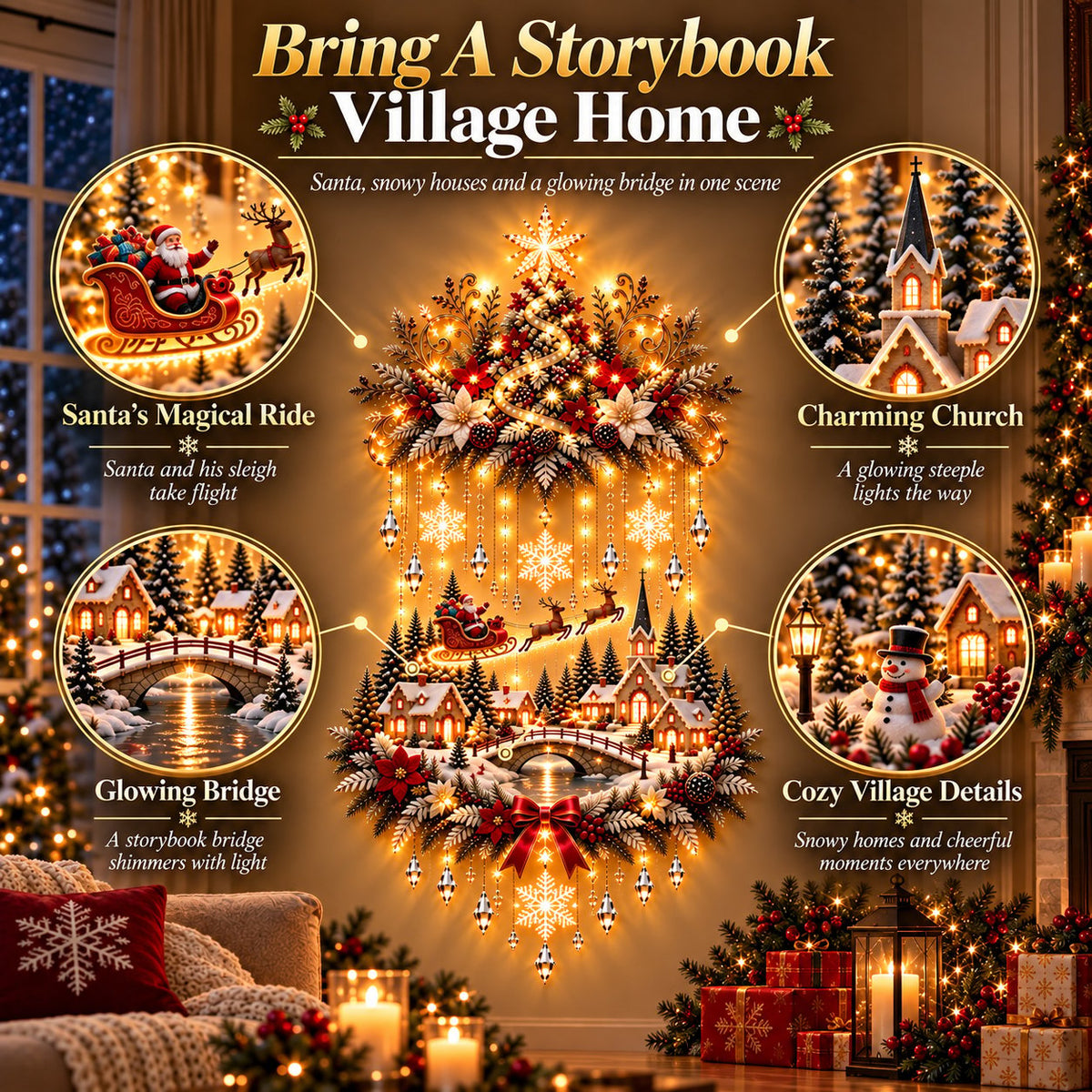 🎄2D Illuminated Christmas Village Wall Hanging – Warm LED Christmas Wall Decor for Home✨️