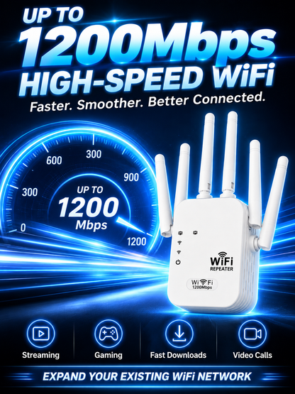 1200Mbps WiFi Range Extender with 6 High-Gain Antennas – Whole Home Signal Booster