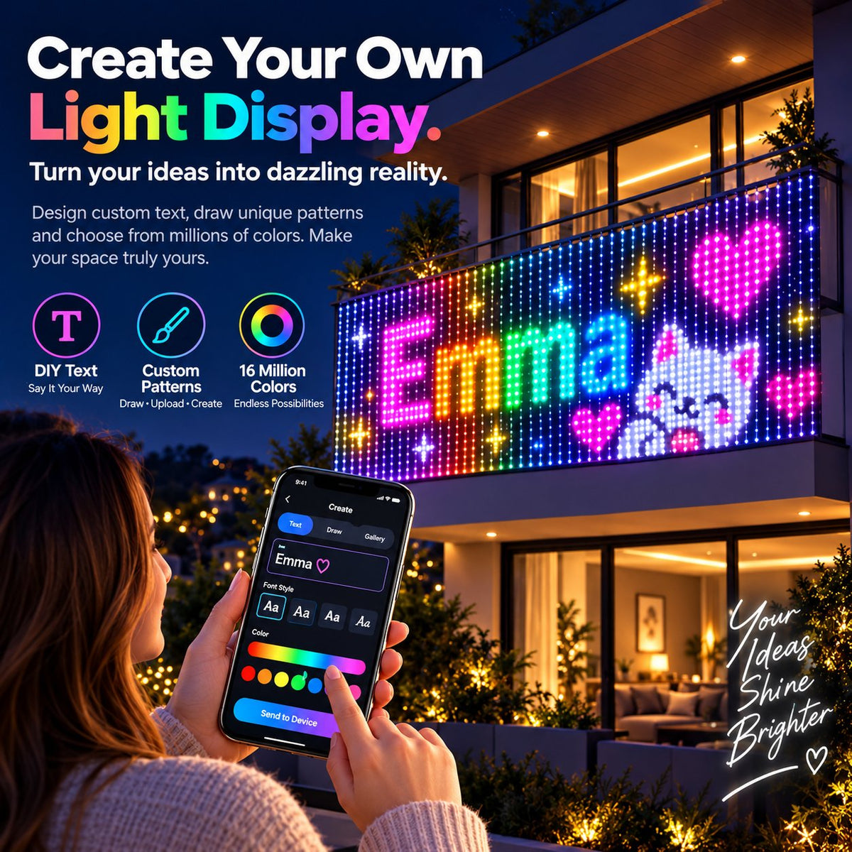 Femliving smart LED curtain app custom text and design examples