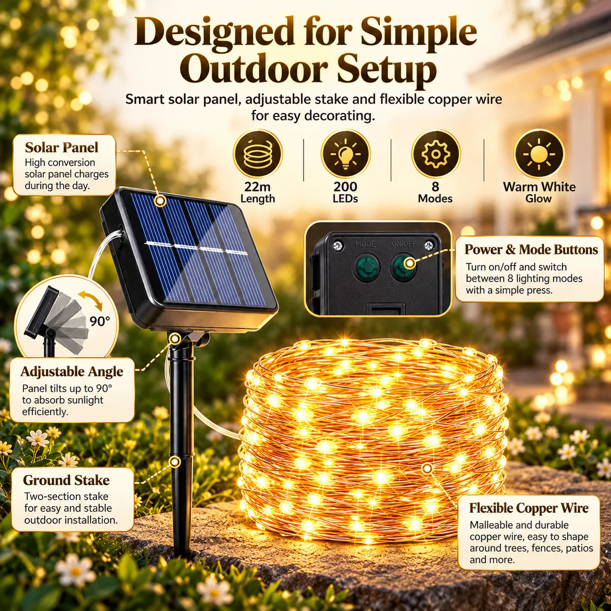 🎁Solar Outdoor String Lights – 72FT 200 LED Fairy Lights with 8 Modes