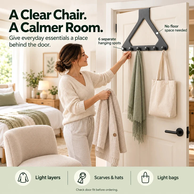 Over-the-Door 6-Hook Organizer – No-Drill Triangle Rack for Clothes, Towels, Hats & Bags