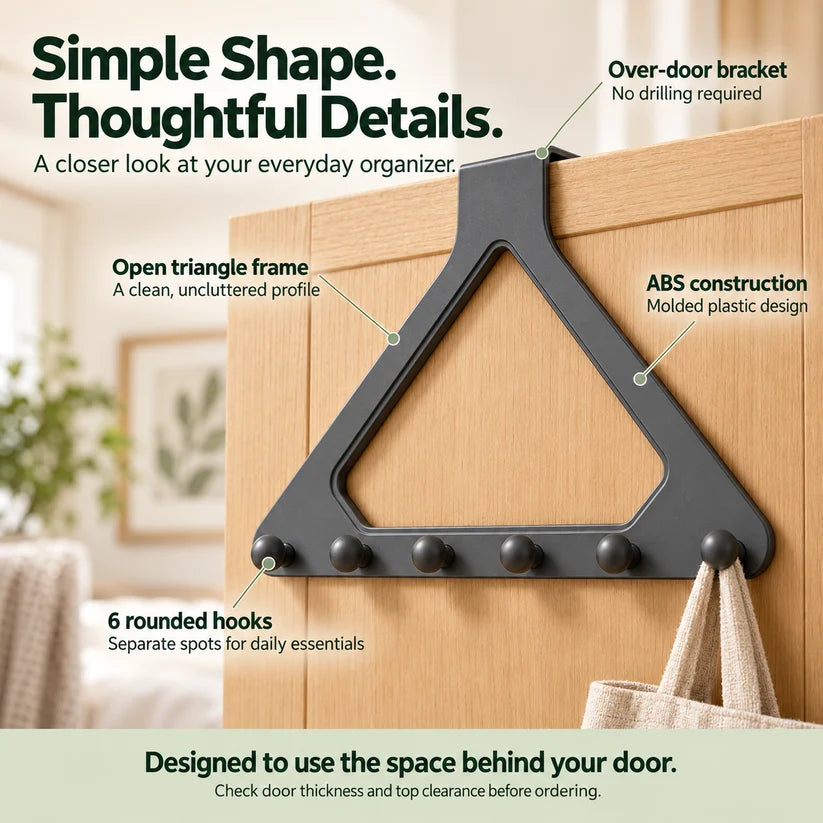 Over-the-Door 6-Hook Organizer – No-Drill Triangle Rack for Clothes, Towels, Hats & Bags