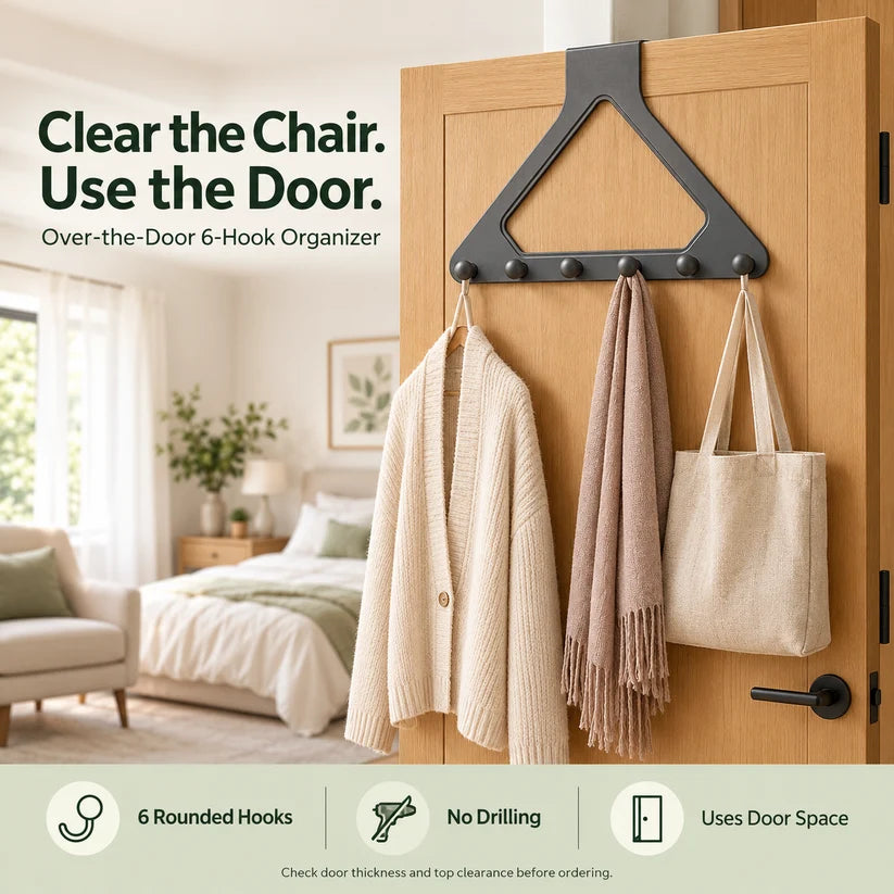 Over-the-Door 6-Hook Organizer – No-Drill Triangle Rack for Clothes, Towels, Hats & Bags