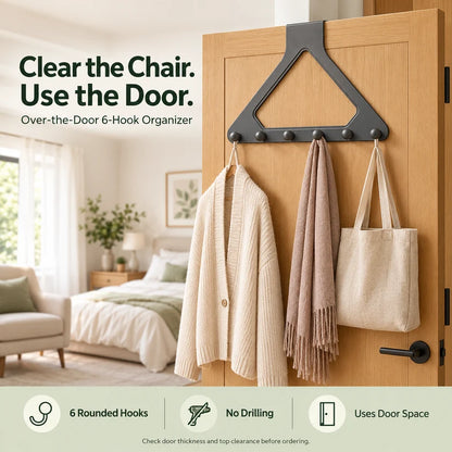 Over-the-Door 6-Hook Organizer – No-Drill Triangle Rack for Clothes, Towels, Hats & Bags