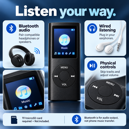 🎵 Pocket MP3 Player – Offline Music, Bluetooth Audio & LCD Screen
