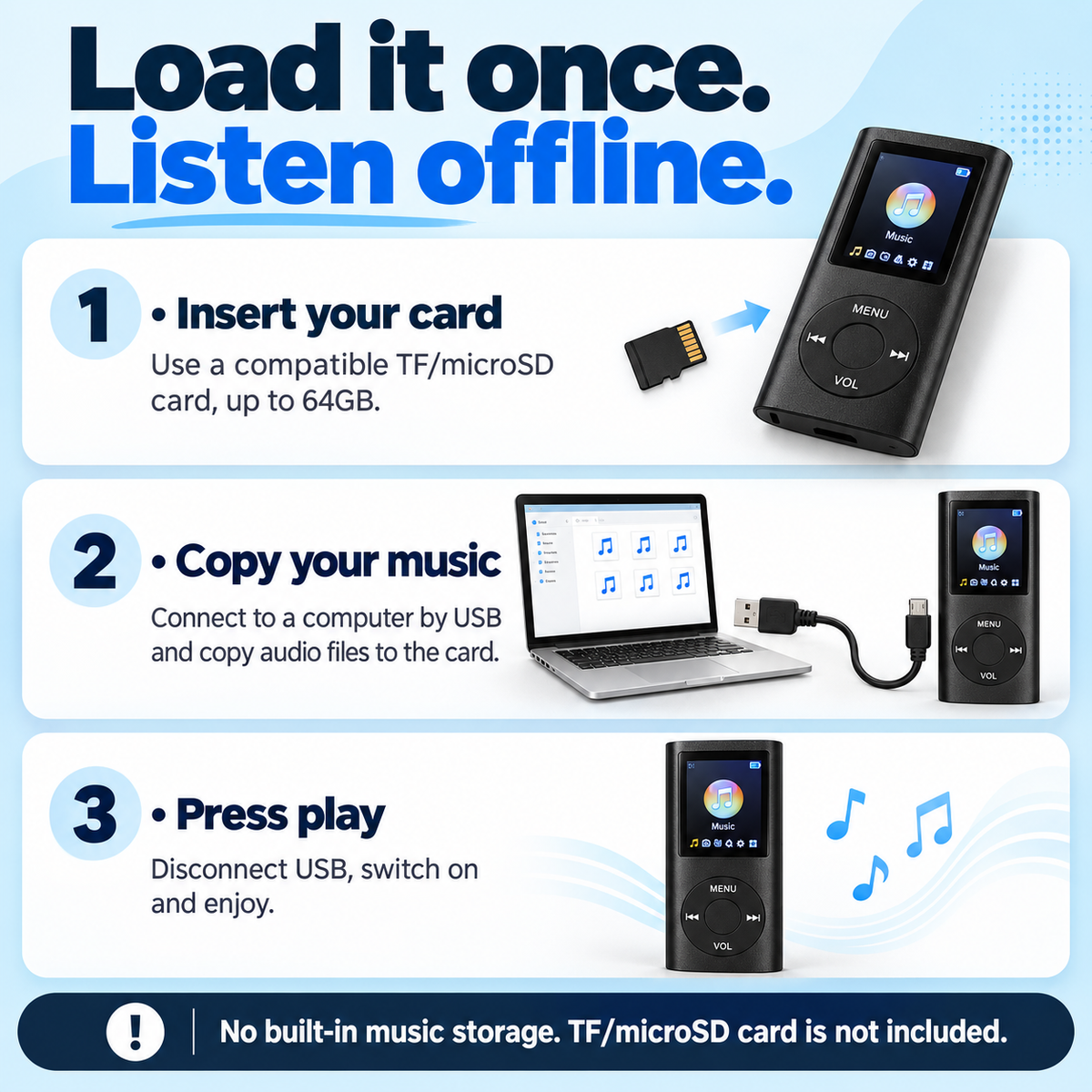 🎵 Pocket MP3 Player – Offline Music, Bluetooth Audio & LCD Screen