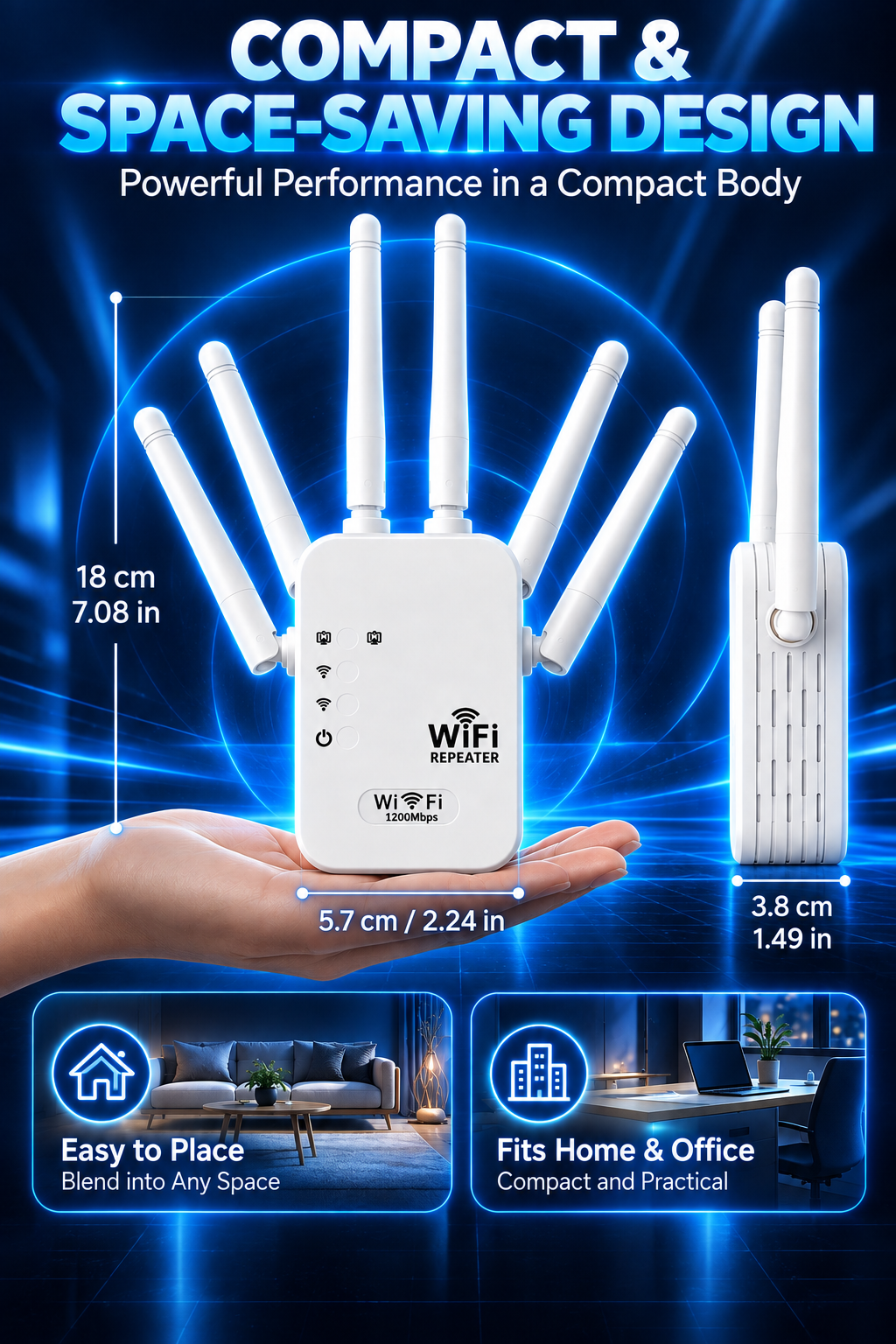 1200Mbps WiFi Range Extender with 6 High-Gain Antennas – Whole Home Signal Booster