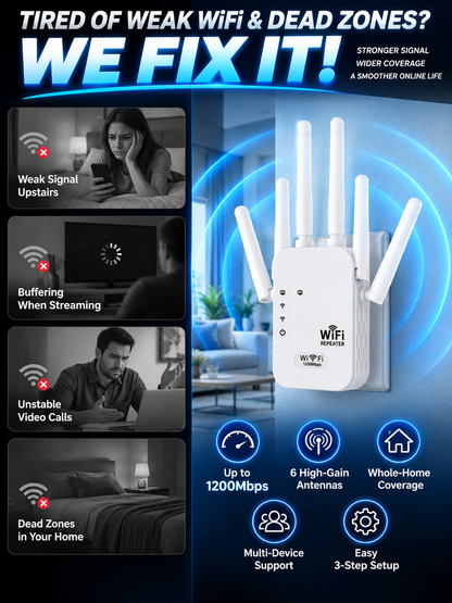 1200Mbps WiFi Range Extender with 6 High-Gain Antennas – Whole Home Signal Booster
