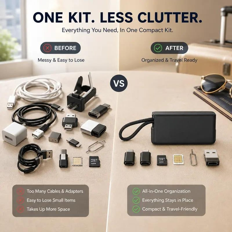 🔌 Pocket Travel Cable Kit – USB-C Cable, 3 Adapters, SIM/TF Storage & Phone Stand