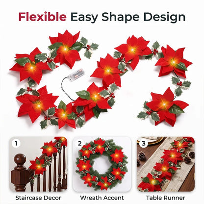 Light-Up Poinsettia Christmas Garland – Warm Festive Glow Without a Wall Socket
